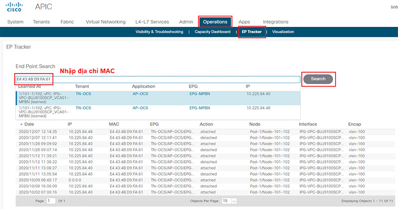 Hướng dẫn hiển thị endpoint của địa chỉ MAC với Cisco ACI qua Web GUI