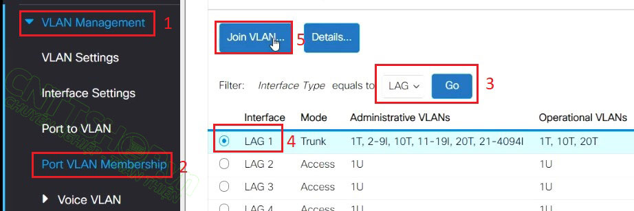 vào menu Port VLAN membership để thay đổi VLAN tag của port channel