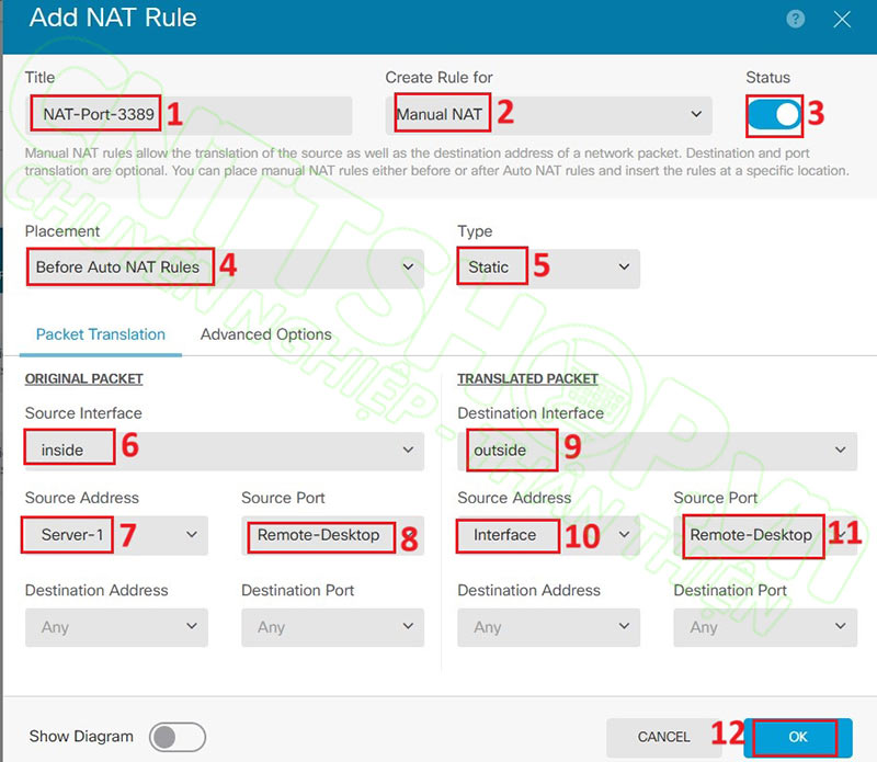 cấu hình các thông số NAT để NAT port ra ngoài internet