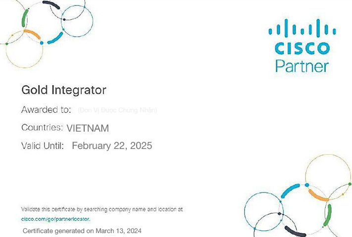 Chứng nhận Gold Integrator Partner Cisco