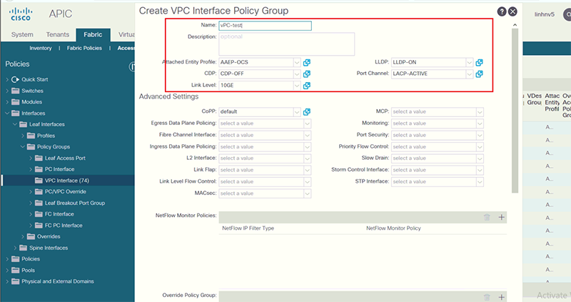 Create VPC Interface Policy Gropup