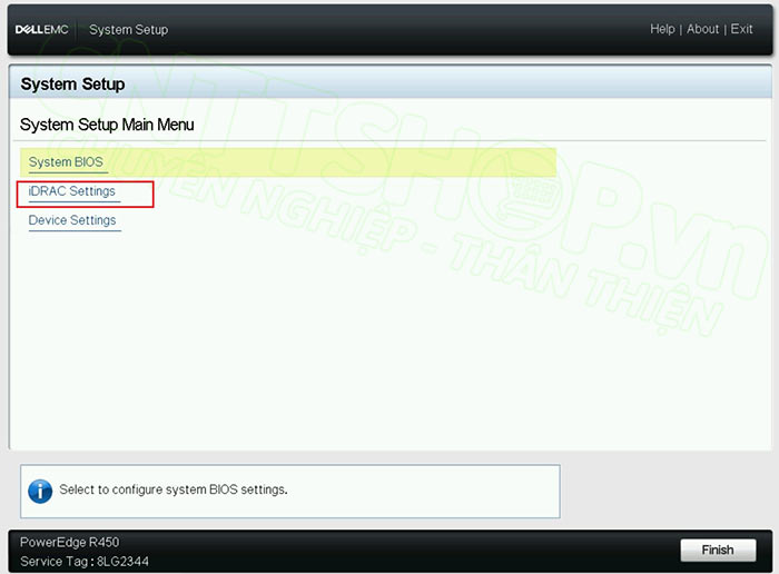 chọn iDRAC settings để cài đặt các thông tin của idrac