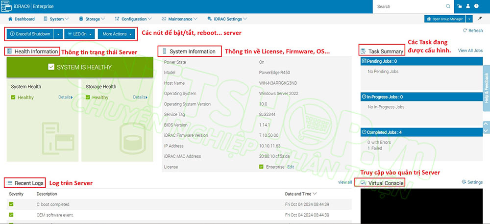 các tính năng trên màn hình dashboard của idrac9