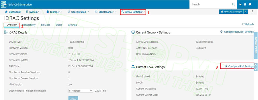 truy cập vào menu idrac settings để thay đổi thông tin IP