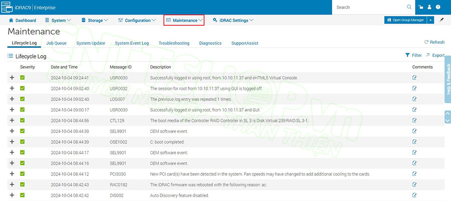 menu maintenance để quản trị các thông tin về log, update firmware...