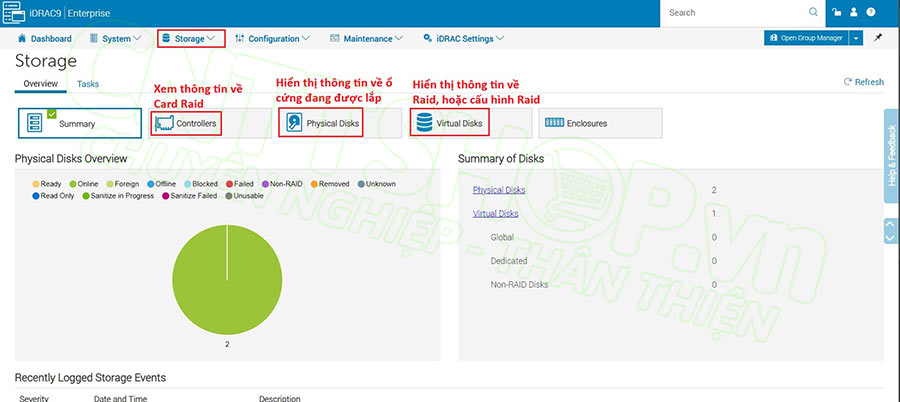 menu storage để quản trị về ổ cứng, raid, card raid...