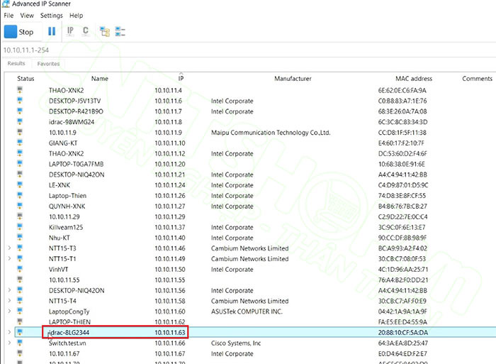 tim IP iDRAC thông qua phần mềm scan IP