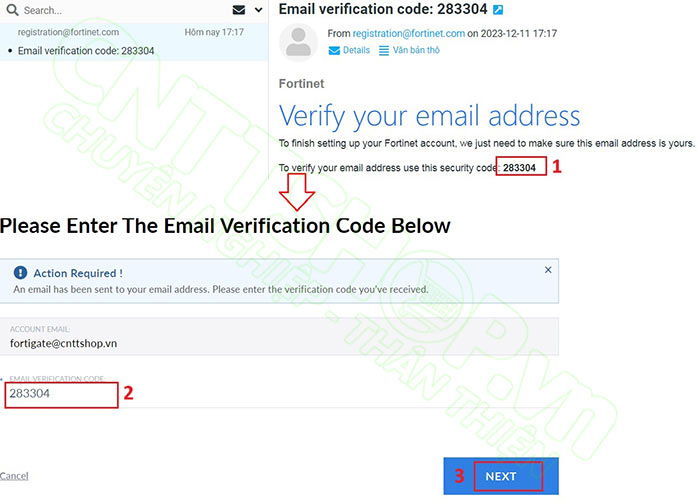 nhập verifi code được gửi về email