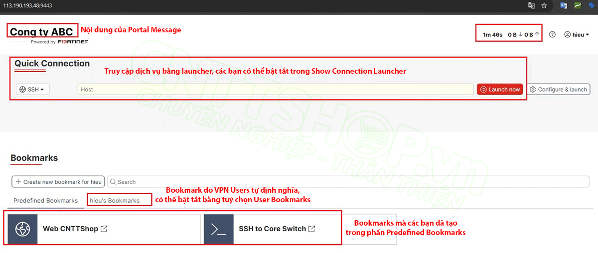 giao diện web của agentless VPN trên Fortigate