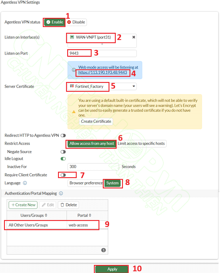 cấu hình Agentless VPN Settings