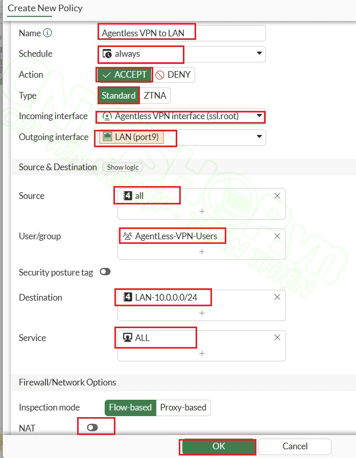 cấu hình firewall policy cho phép vpn client truy cập vào trong mạng LAN