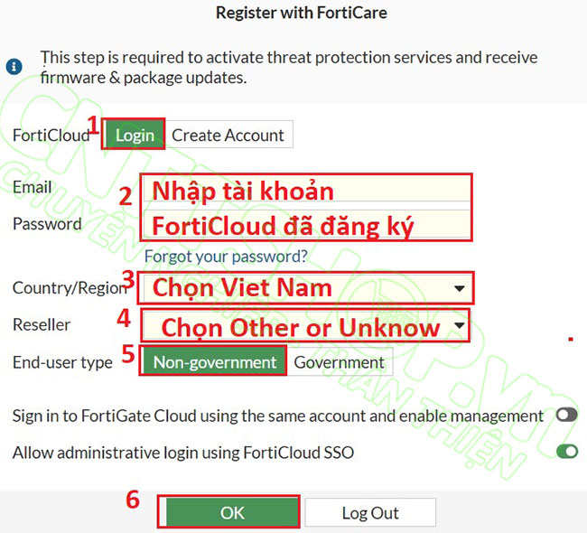 đăng ký firewall với forticare sau khi đã hoàn tất các bước trên