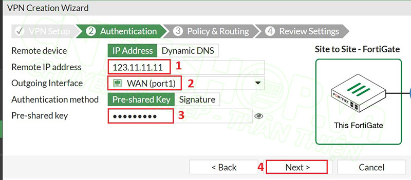cấu hình thông số remote ip address và pre-shared key cho firewall chi nhánh
