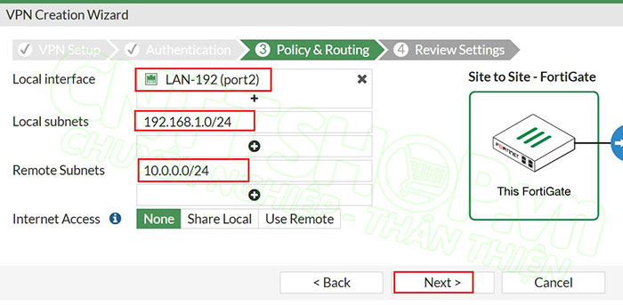 cấu hình dải LAN nội bộ và dải LAN remote trên firewall chi nhánh để tự động tạo policy và routing