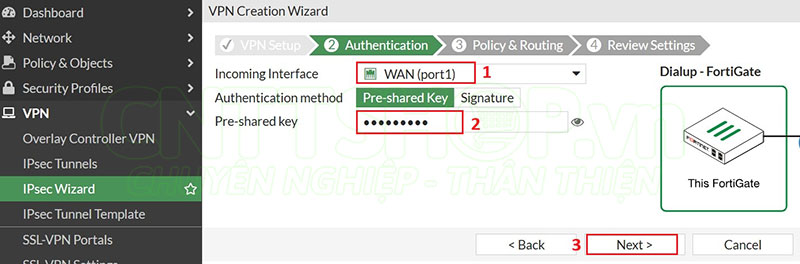 cấu hình cổng wan và pre-shared key trên firewall HQ