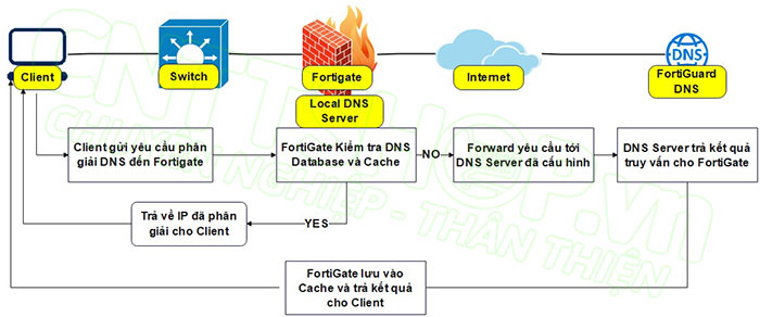 nguyên lý hoạt động của DNS khi sử dụng DNS Server trên Fortigate