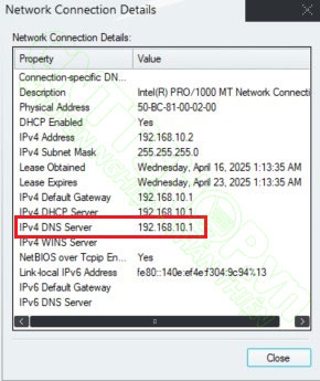 trên máy tính client đã nhận được DNS là IP của fortigate đúng theo cấu hình