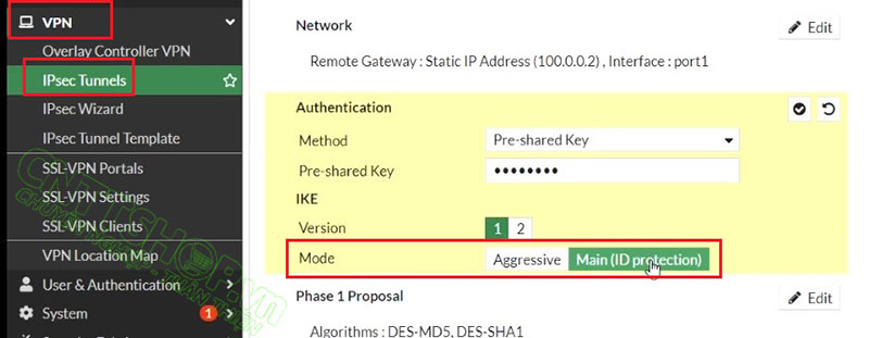 cấu hình VPN mode sang Main và Pre Shared key