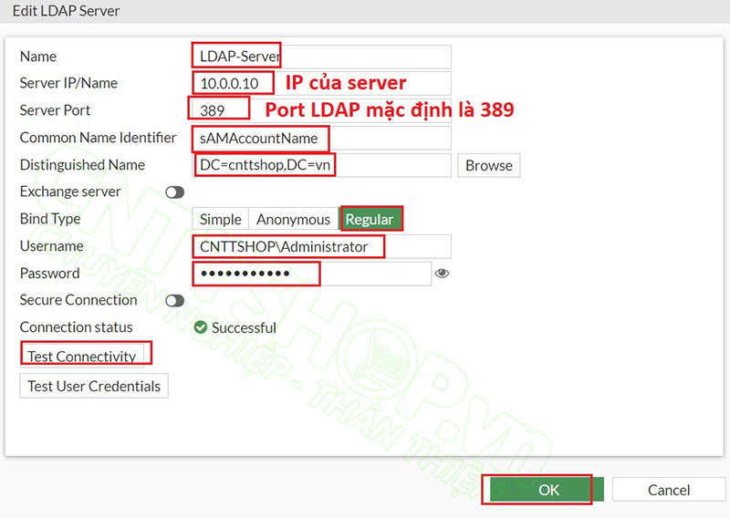 cấu hình các thông số để kết nối đến LDAP
