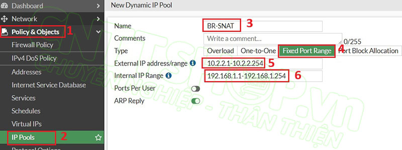cấu hình ip pool cho Source NAT trên firewall BR