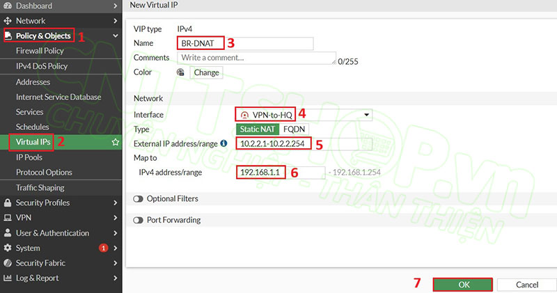 cấu hình virtual IP cho destination NAT trên firewall BR