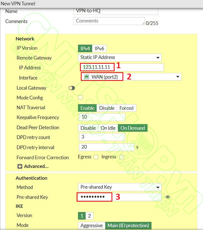 cấu hình peer IPWAN và Preshared key giống với trên firewall HQ