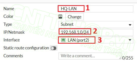 tạo address cho dải LAN nội bộ của HQ