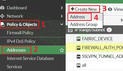 truy cập vào menu addresses trên firewall HQ để tạo các addresses cho firewall policy