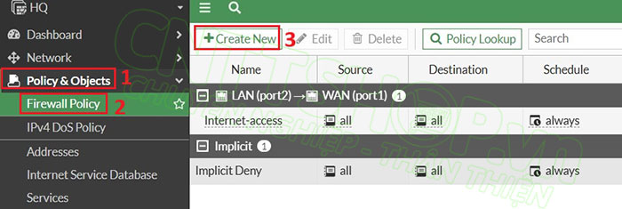 truy cập vào menu firewall policy để tạo policy trên firewall HQ