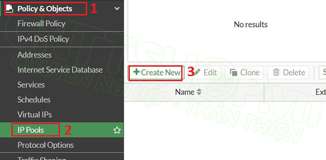 truy cập vào menu IP Pools để tạo SNAT trên firewall HQ