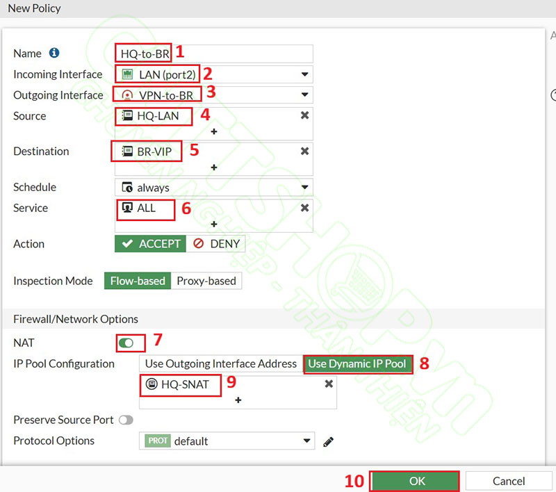 tạo policy source nat theo chiều từ HQ sang BR trên firewall HQ