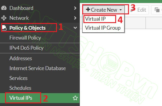 truy cập vào menu virtual IP trên firewall HQ