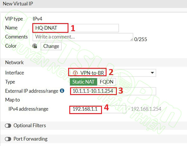 cấu hình virtual ip cho dnat trên firewall HQ