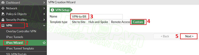 trên firewall HQ, vào menu IPsec Wizard để tạo VPN tunnel