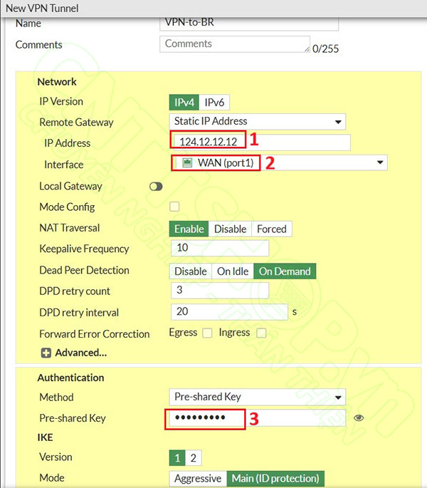 nhập các thông số peer IP, cổng wan và preshared key 