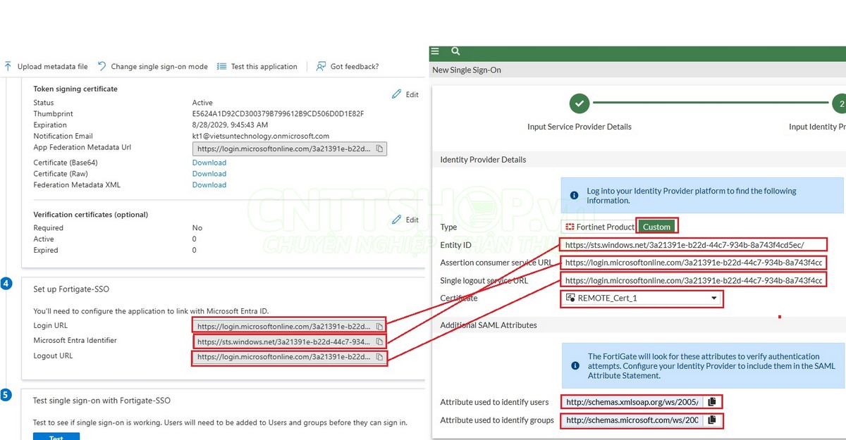 copy thông tin SAML từ entra ID về Fortigate