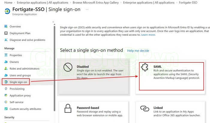 trong menu single sing-on trên entra ID, chọn SSO method là SAML