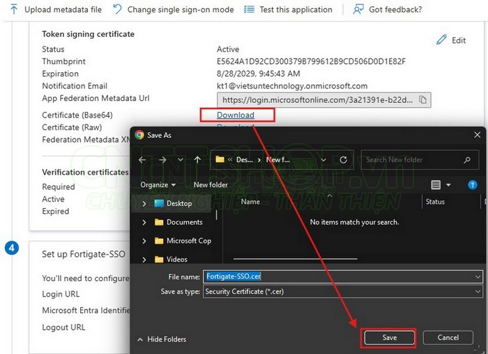 tải certificate (Base64) trên entra ID về