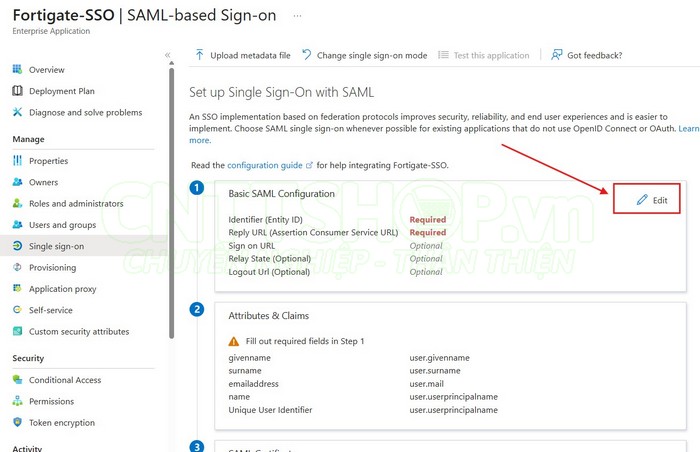 chọn edit Basic SAML Configuration