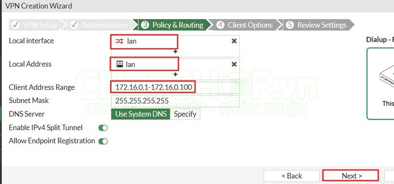 nhập các thông tin cho policy & routing