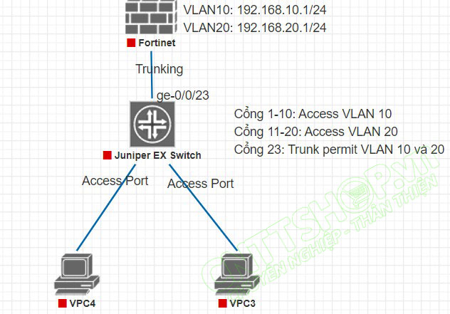Trường hợp 1: Gateway đặt trên ROuter hoặc firewall, cấu hình VLAN và trunking trên Switch