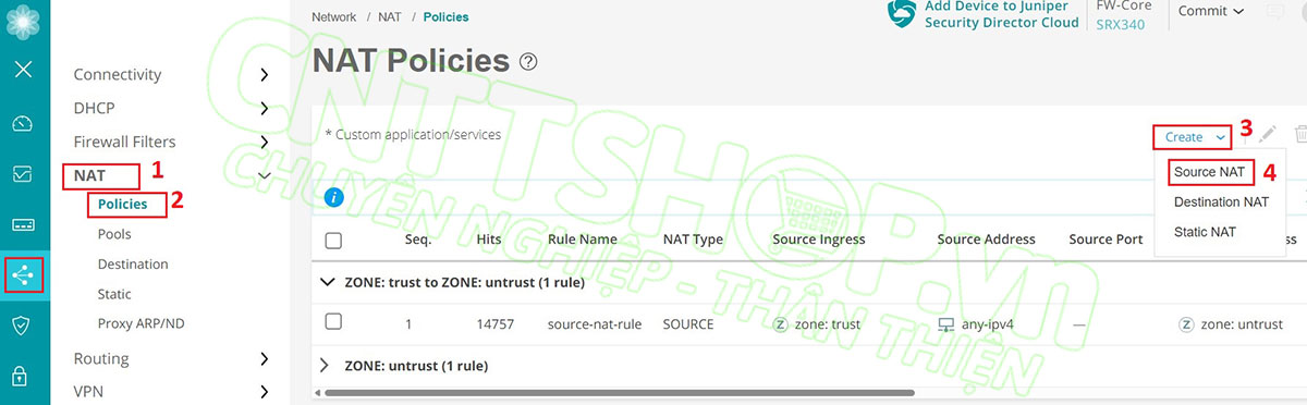 truy cập vào menu source NAT để cấu hình NAT overload