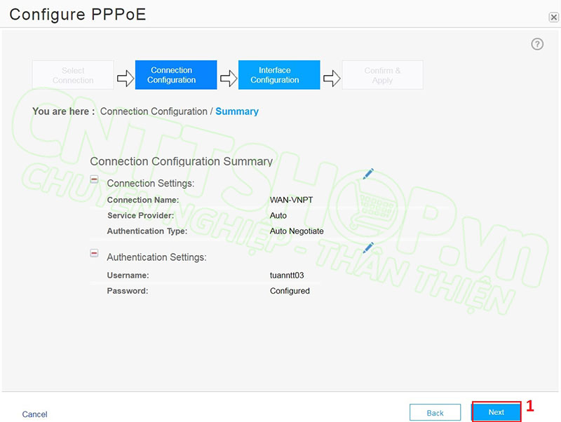 Kiểm tra lại các thông tin trong phần connection summary, nếu đã đúng thì nhấn next