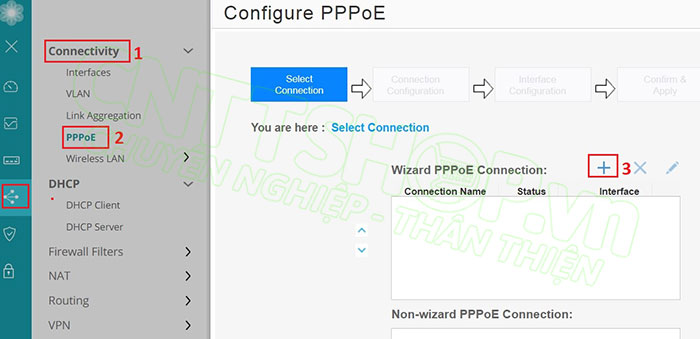 chonj pppoe wizard để cấu hình các thông tin cho đường PPPoE