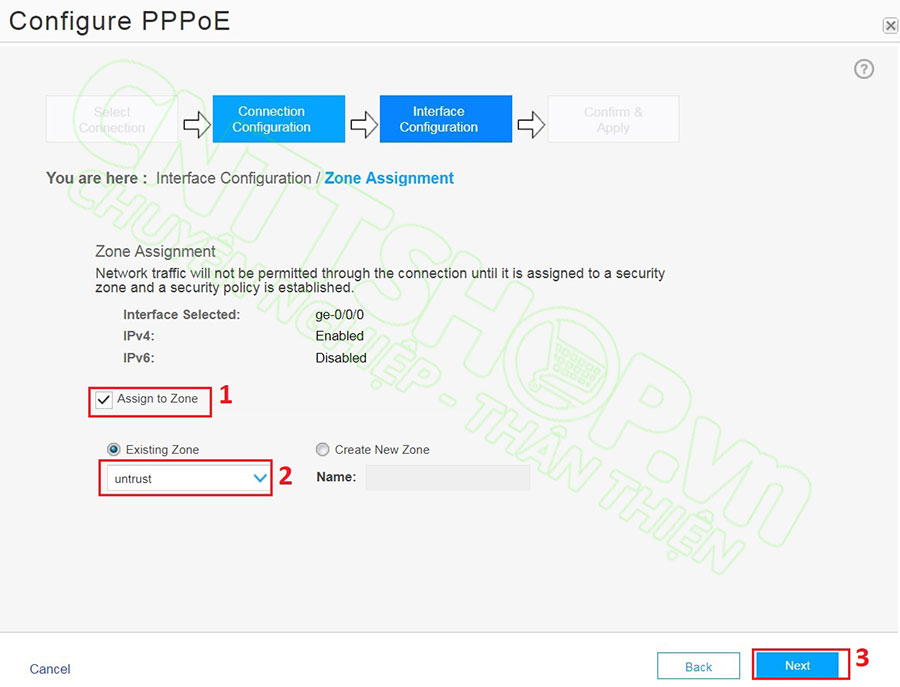 gán cổng pppoe vào zone untrust