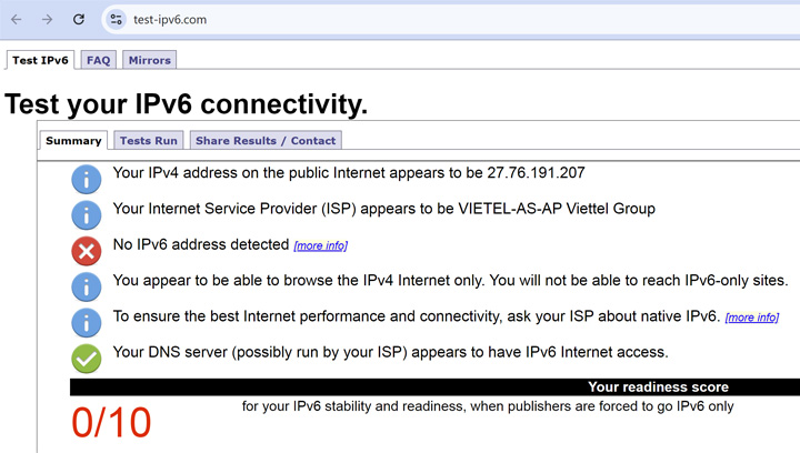 Kết nối không sử dụng IPv6