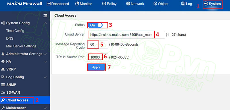 cấu hình Cloud Access trên firewall IFW400 series để add firewall lên cloud