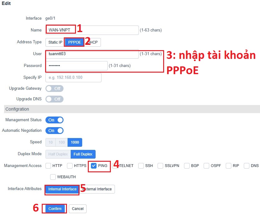 cấu hình các thông tin cho cổng WAN