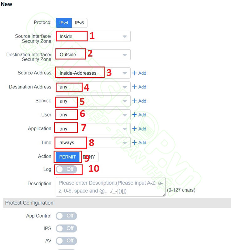 tạo policy cho phép zone insite ra Internet