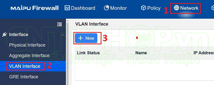 truy cập vào menu VLAN Interface để tạo VLAN